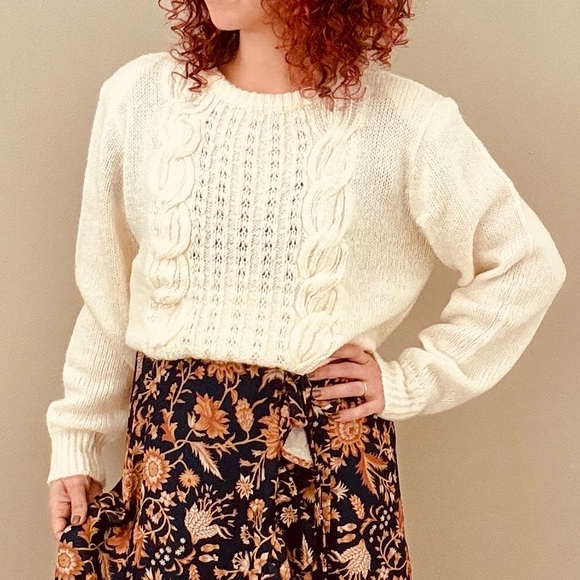 Weathervane Vintage Cream Fancy Cable Crewneck Knit Sweater - Picture 1 of 7